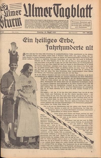 Titelseite Ulmer Tagblatt / Ulmer Sturm vom Samstag, 10. August 1935 zum Fischerstechen