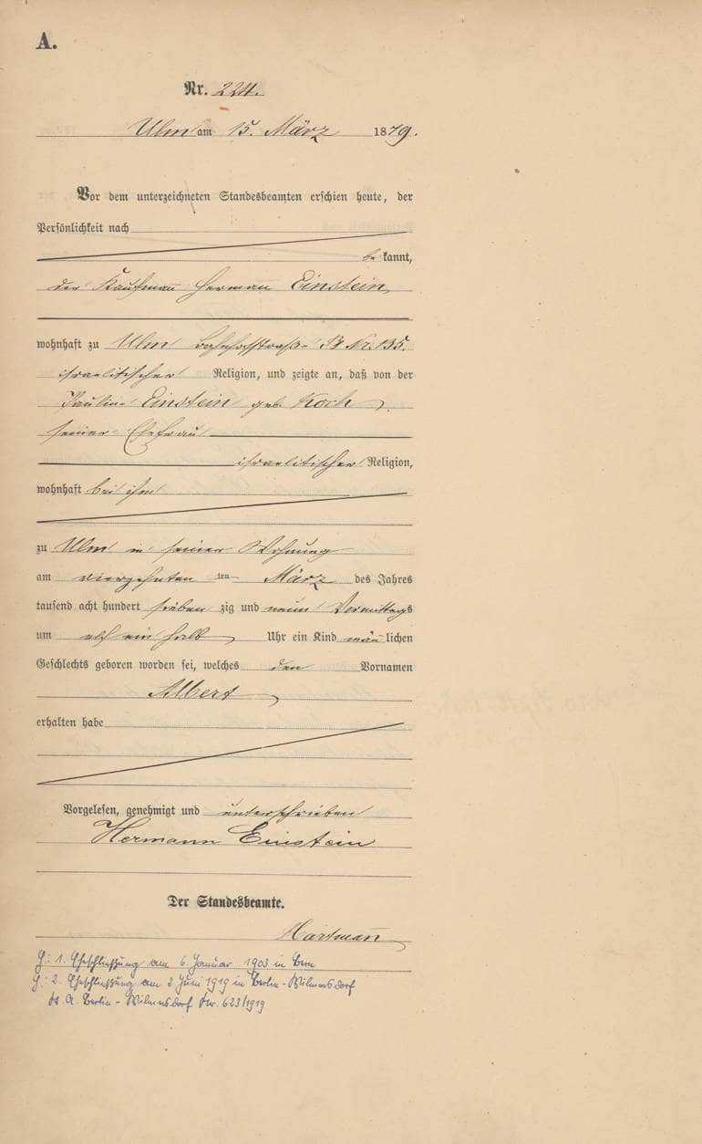 Geburtseintrag von Albert Einstein aus dem Geburtenregister des Standesamts Ulm vom 14. März 1879