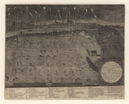 Abbildung eines Feuerwerks in Ulm am 9. April 1665 außerhalb der Stadt. Chronik Zeitbild 1665.4.9. Nr. 1