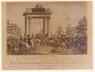 Einzug der in den napoleonischen Kriegen siegreichen bayerischen Truppen in Ulm am 3. Januar 1808 durch eine auf der Insel errichtete Triumphpforte. Chronik Zeitbild 1808.1.3. Nr. 1