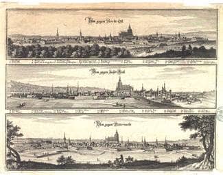 Drei Ansichten von Ulm auf einer Platte: Ulm von Nord-Osten, von Süd-Westen, von Norden. Um 1654. Ansicht 23