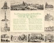 Sammelblatt. Ulm von Südwesten mit Bundesfestung um 1850 und 10 Einzelansichten mit Gebäuden Ulms. Anfertigung des Blattes wohl erst um 1875 (Beschriftung "Reichsfestung"). Ansicht 611