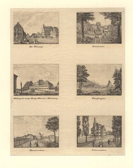 Sammelbild mit 6 Ansichten Ulm und Umgebung. Um 1840. Ansicht 844