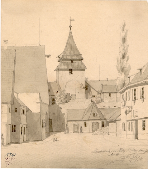 Blick von der Griesbadgasse auf das Zundeltor mit davorstehendem Seelhausbrunnenwerk und einigen Häusern der Straße. 1888. Ansicht 340