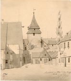 Blick von der Griesbadgasse auf das Zundeltor mit davorstehendem Seelhausbrunnenwerk und einigen Häusern der Straße. 1888. Ansicht 340