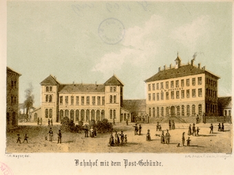 Bahnhof und Post. Um 1855. Ansicht 601