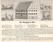 Kornhaus und vier Erntebilder. Um 1855. Ansicht 615