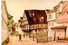 Blick von SO auf das Schiefe Haus. 1844. Ansicht 980