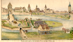 Ulm von Süden. Armbrustschützenhaus. Zustand um 1540, angefertigt um 1910. Ansicht 923