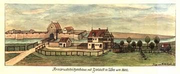 Ulm von Süden. Donauinsel mit davorliegendem Schützenhaus (Zustand um 1600), angefertigt 1929. Ansicht 923/1