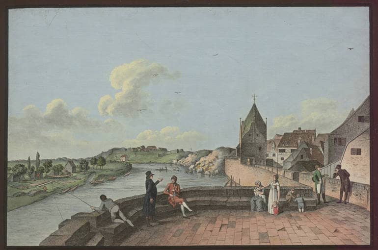 Blick vom Stumpf des Dicken Turms ("Rondell") auf den Einlaßturm. Um 1820