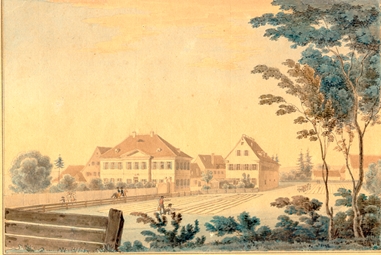 Wirtschaft "Zum Blumenschein", Kupferhammer, Obere Bleiche. um 1840. Ansicht 735/1