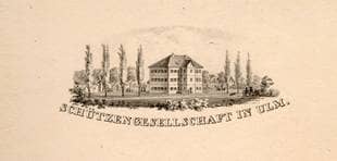 Oberes Schützenhaus/Schießhaus und Zielhütten. Von Norden. um 1850. Ansicht 910