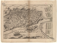  Ulm aus der Vogelschau mit Belagerung durch die kaiserlichen Truppen. 1704. Ansicht 56 
