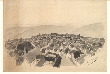 Ulm aus der Vogelschau. [Münsterblick] Um 1860. Ansicht 141