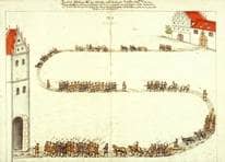 1676 ziehen Ulmer Bürger mit ihren Waffen vom Zeughaus durch das Herdbruckertor zu einer Schießübung auf den Schießplatz im heutigen Neu-Ulm