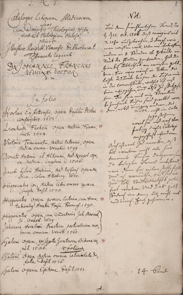 Erste Seite des Bibliothekskatalogs von  Johann Franc