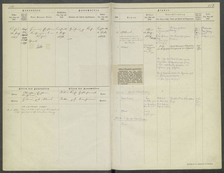 Familienregister Band 7 Blatt 217 von Hermann Einstein und Pauline geb. Koch, Eltern von Albert Einstein, geb. in Ulm am 14. März 1879