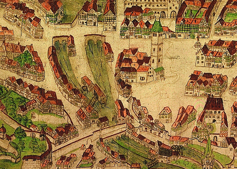 Einzige Bildzeugnisse der Ulmer Pfalz auf dem Weinhof: "Luginsland", staufischer Wehrtum (12. Jh.), und südlich anschließende Pfalzkapelle (Hl. Kreuz (seit 1532/35 Weinstadel)