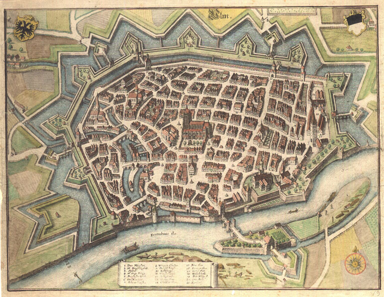 Ulm aus der Vogelschau, Stich von Matthäus Merian 1643