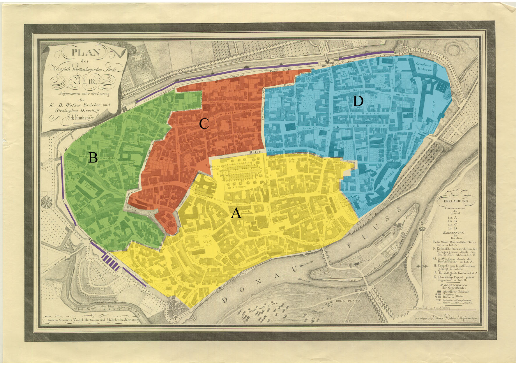 "Schlumberger-Plan" von 1808 mit Einteilung der Ulmer Altstadt in die Stadviertel A-D und die Grabenhäuschen (violett markiert)