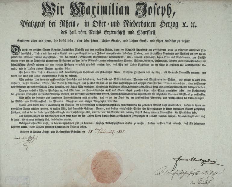 Besitzergreifungspatent des bayerischen Kurfürsten Maximilian IV. Joseph vom 28. November 1802