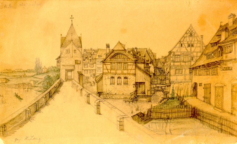 Die Bochslersmühle an der Stadtmauer um 1835